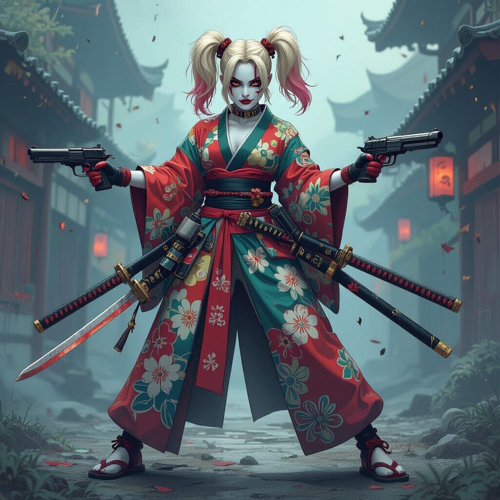 Harley Quinn Warrior in Kimono with Swords and Guns