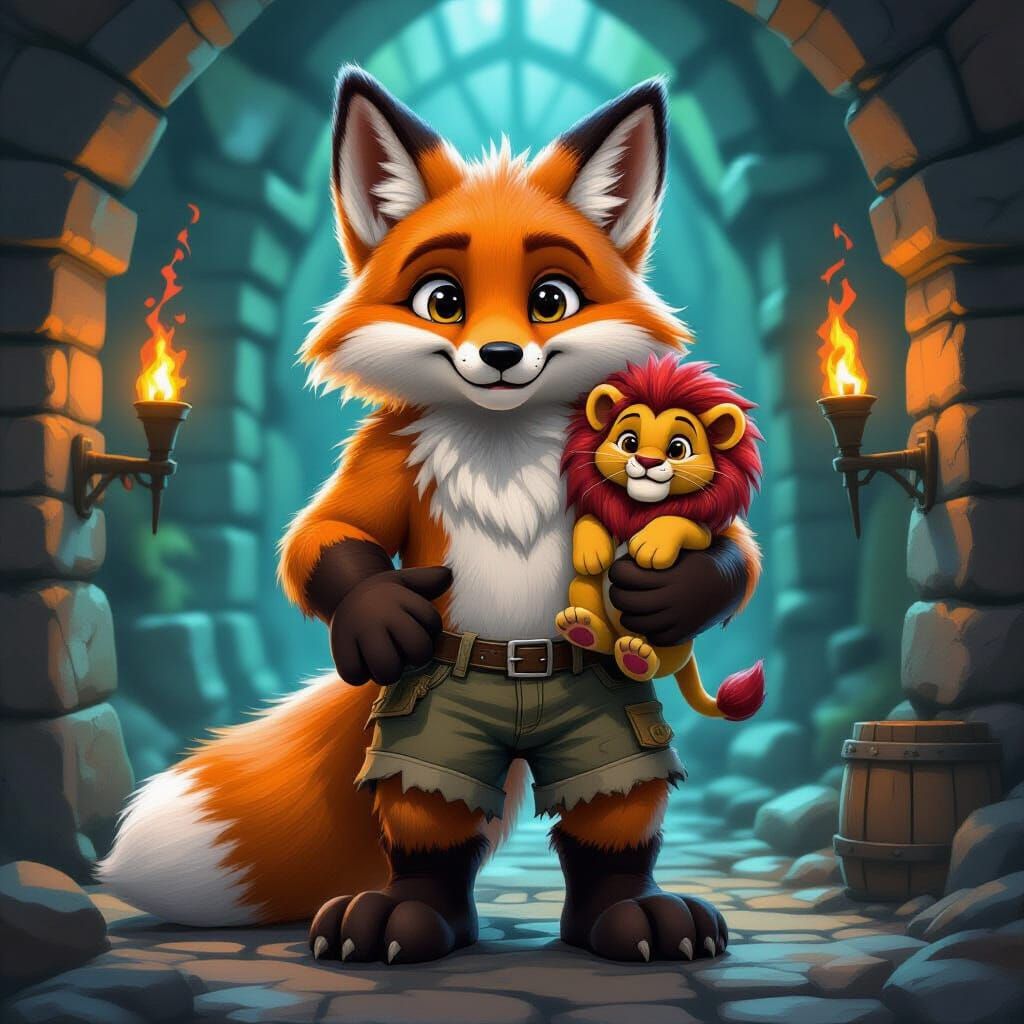 Whimsical Fox Holding Mini Lion King in Torchlit Dungeon