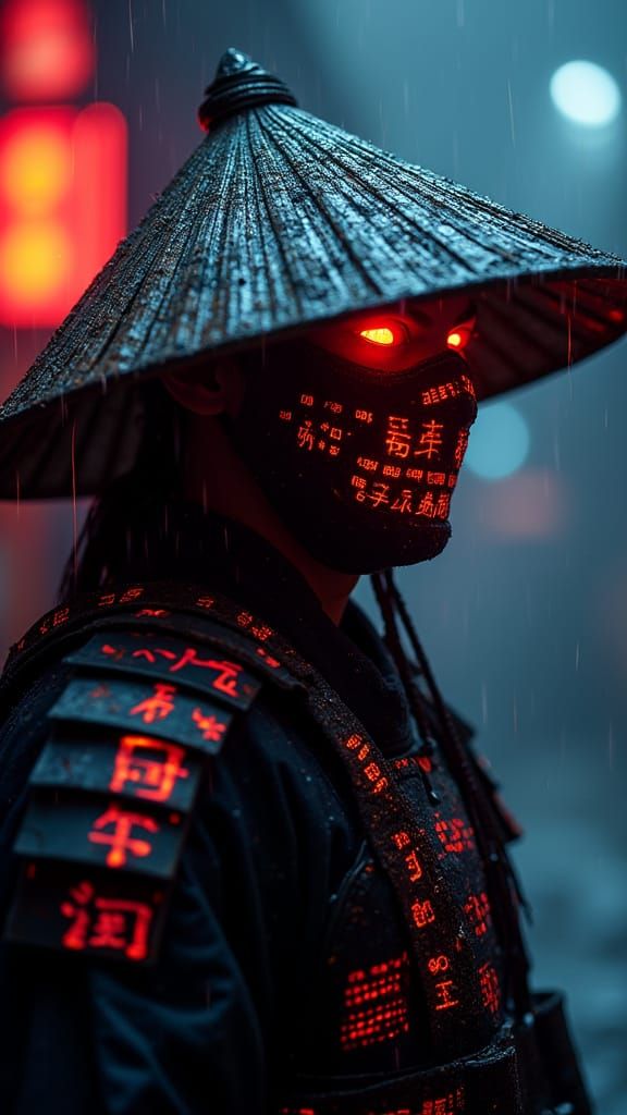 Neo-Feudal Cyberpunk Warrior in Shadows