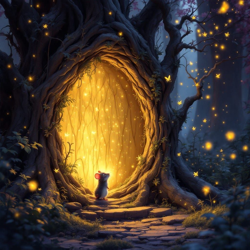 Glowing Fireflies Mesmerize Mouse in Enchanted Forest