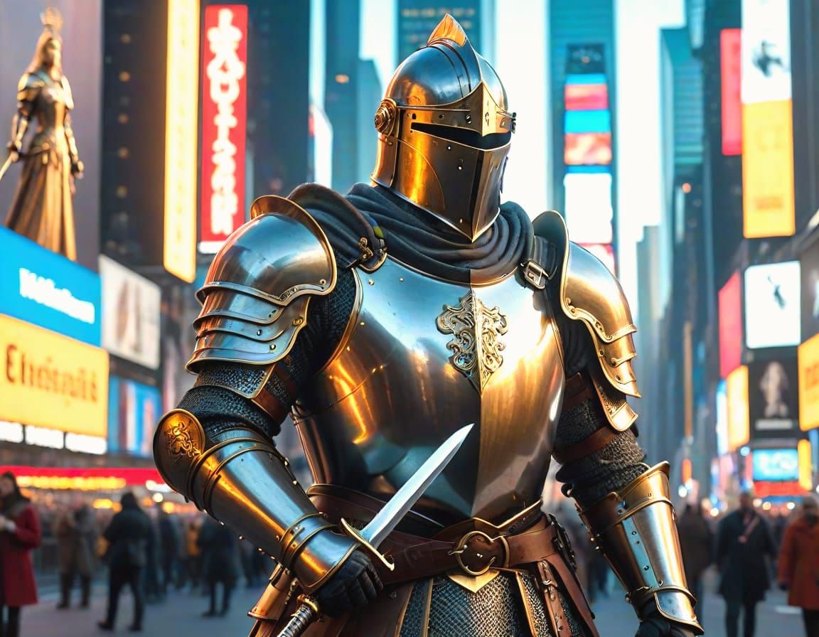 Knight in Times Square: A Photorealistic Film Still