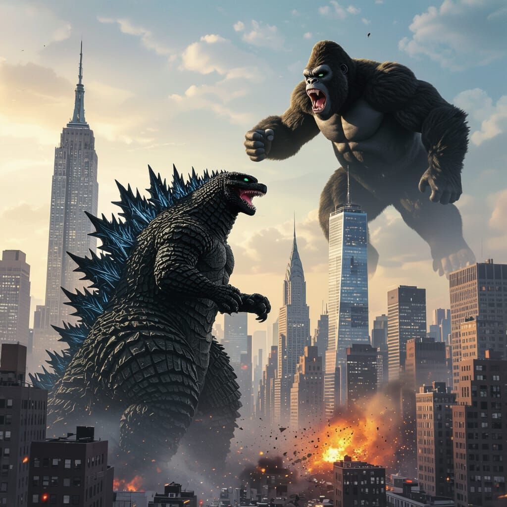 Godzilla vs King Kong in Cyberpunk Style