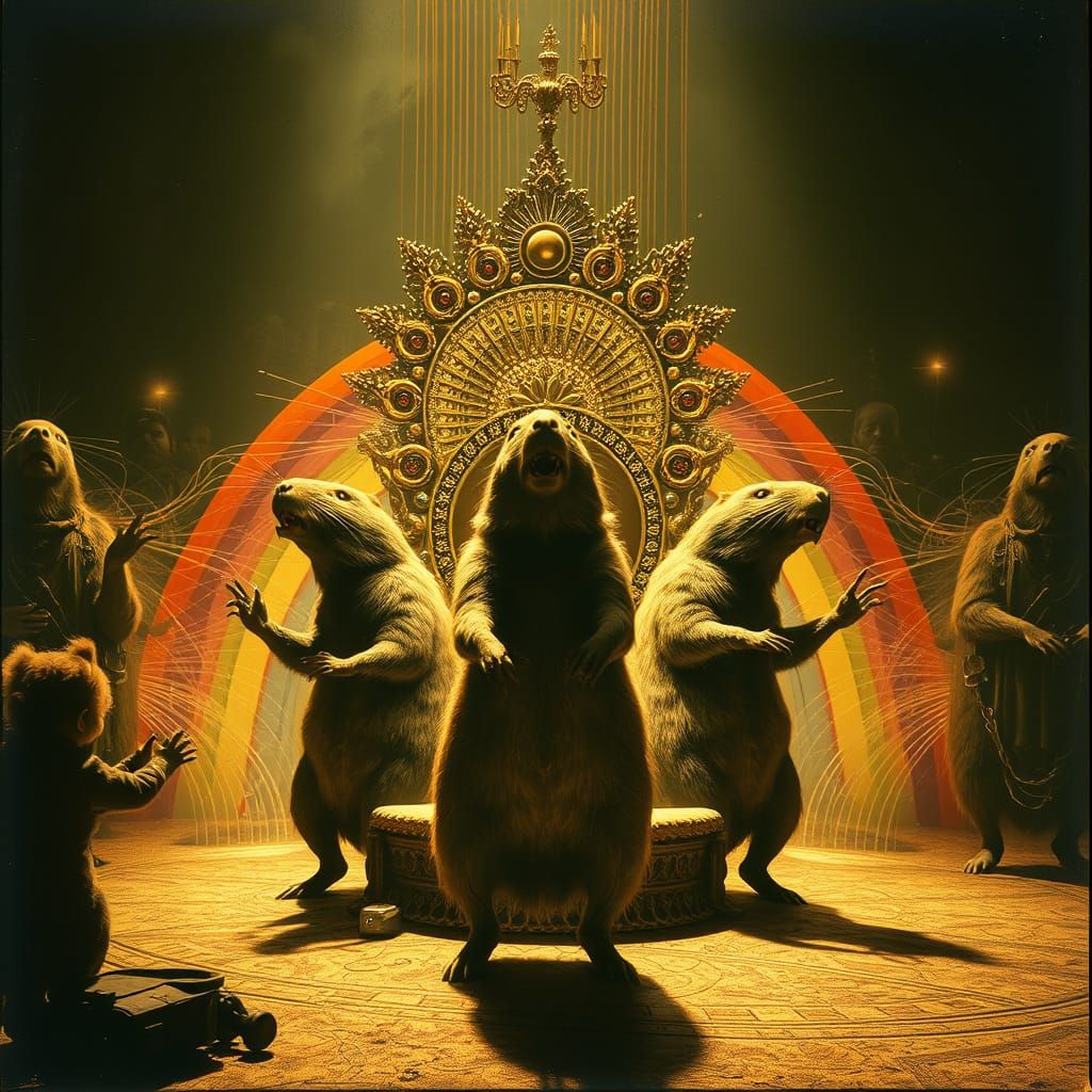 Mutant Capybaras Dance on Rainbow Throne in Surreal Steampun...