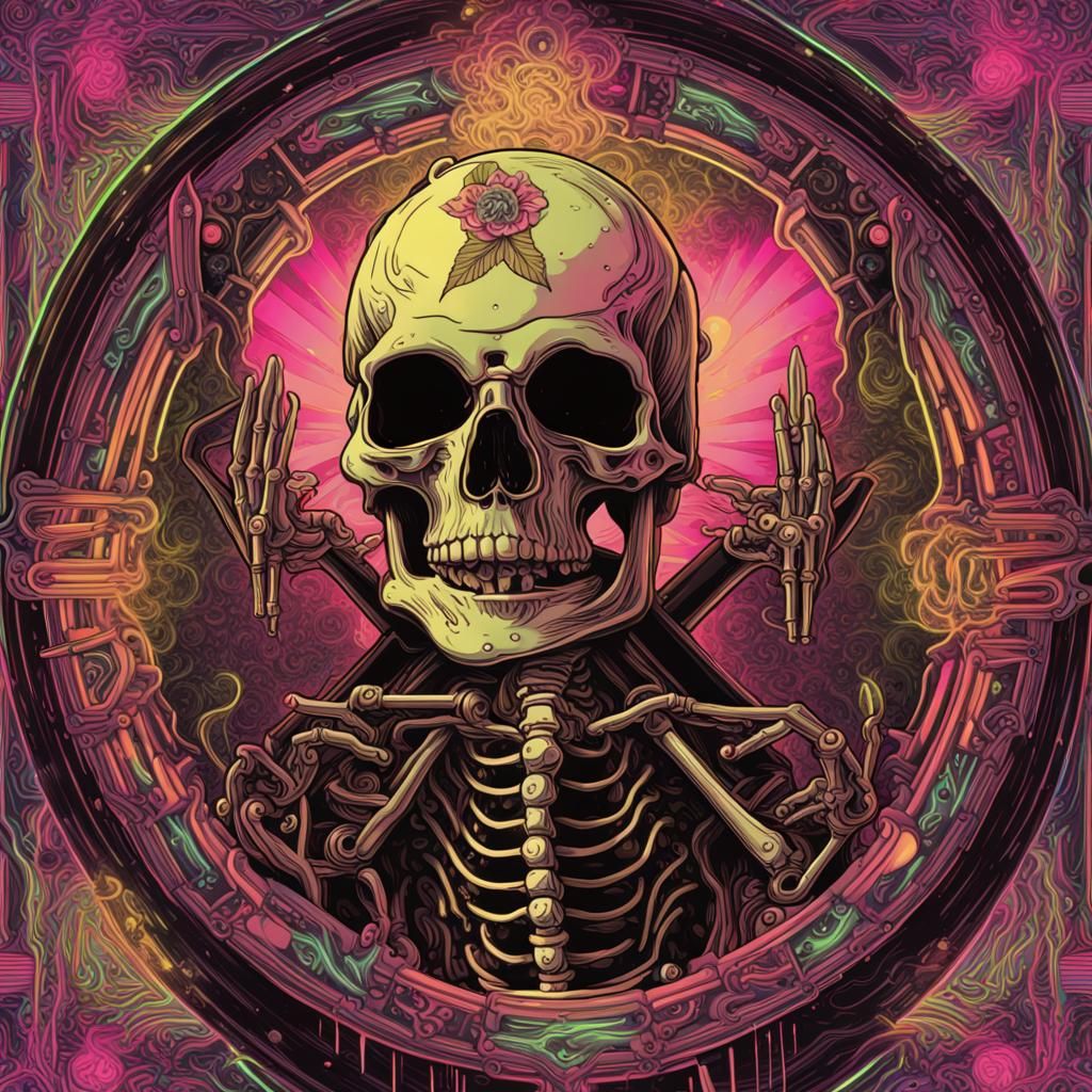 Psychedelic Synthwave Skeleton Tarot Card
