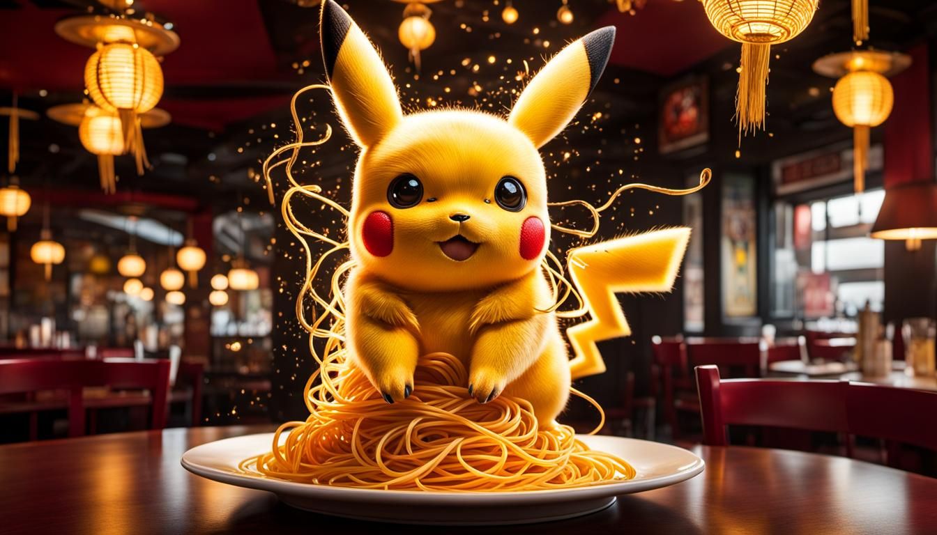 Pikachu Wrapped in Spaghetti in Chinese Restaurant