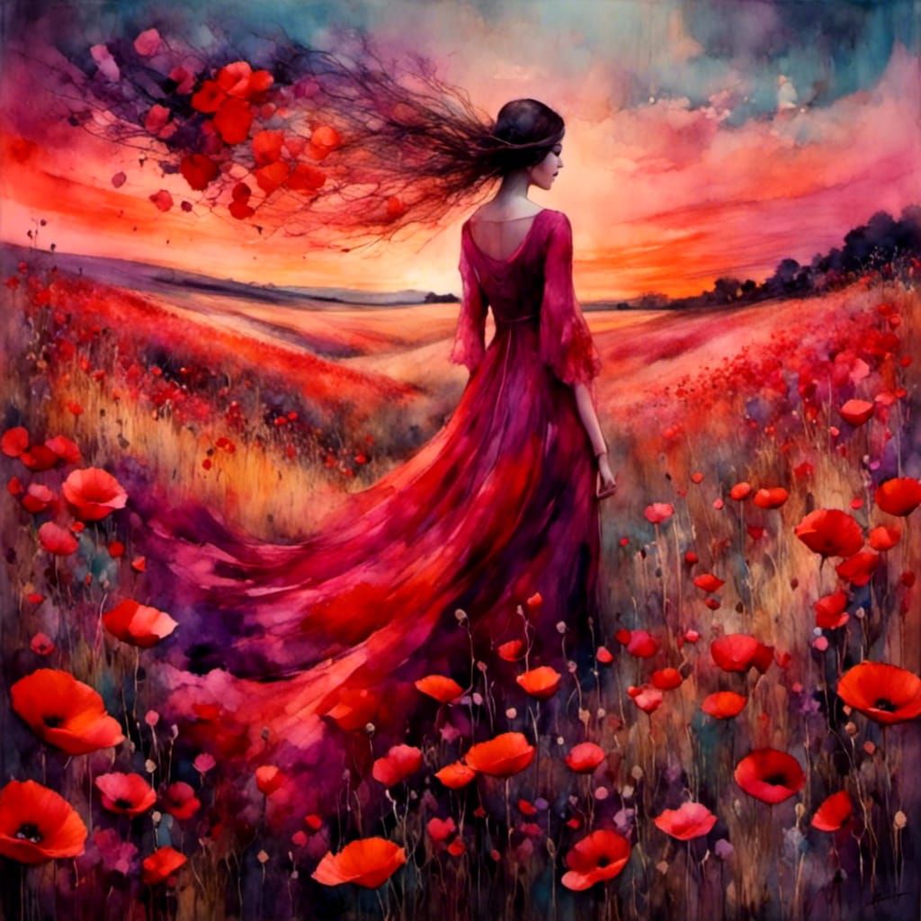 Poppies in Summer Sunset with Liquid Ink Effect