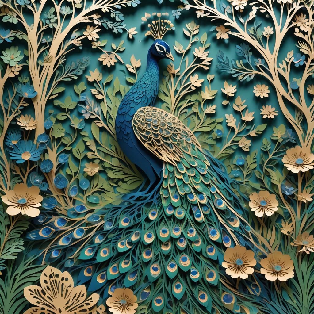 Paper-Cut Peacock in Lush Forest Scene