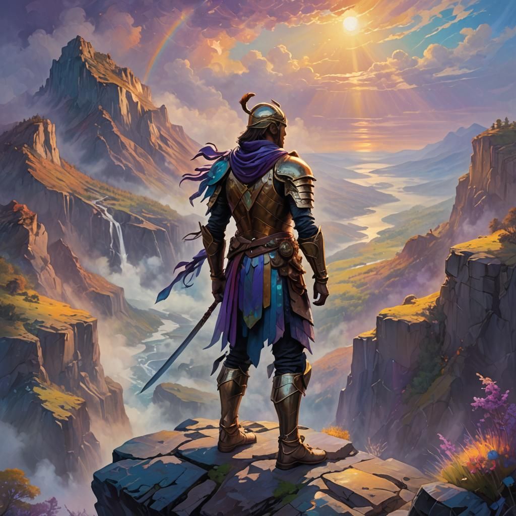 Mystical Warrior Overlooking Dreamlike Landscape in Digital ...
