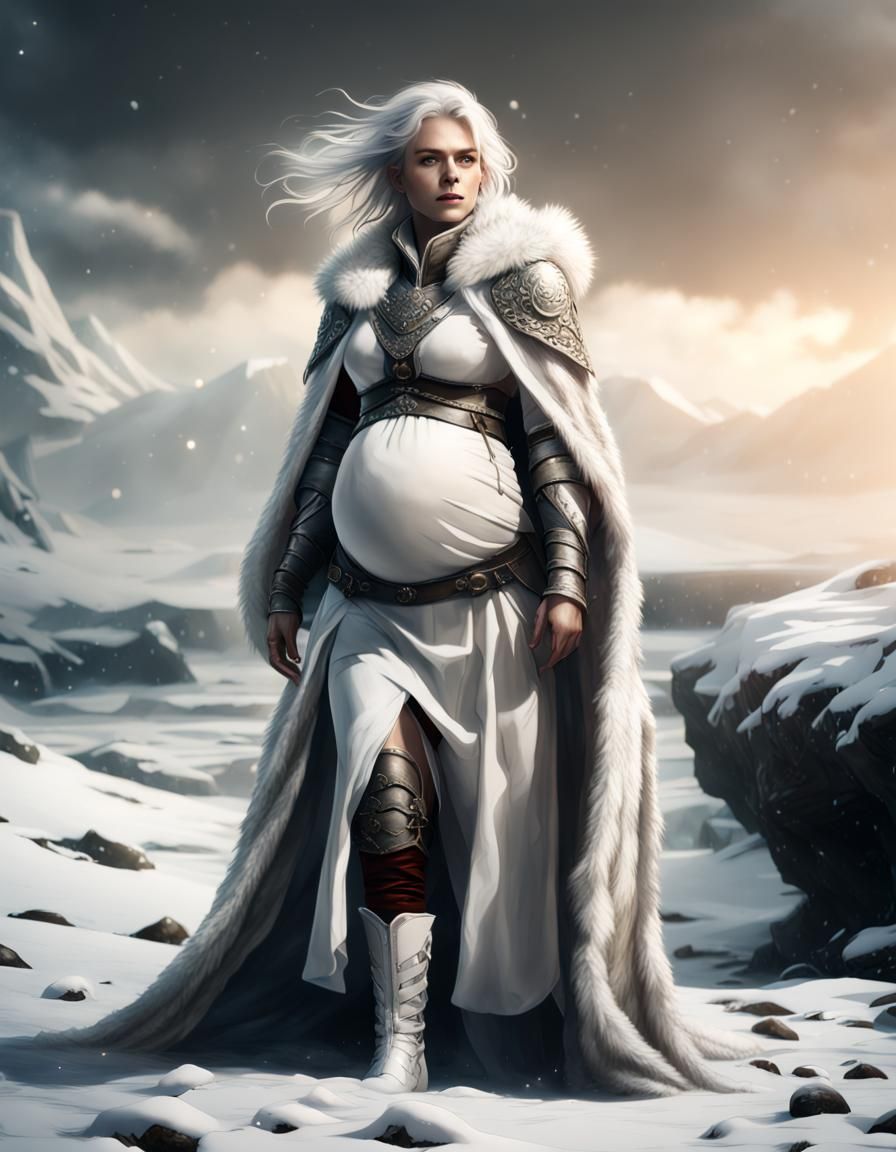 Pregnant White-Haired Ranger on Snowy Coast