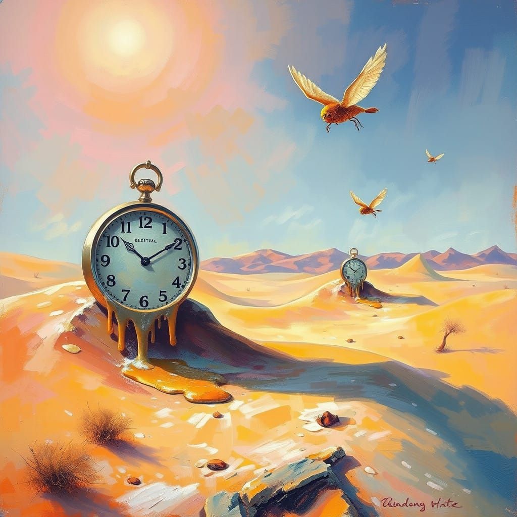 Surrealist Desert Dreamscape with Melting Clocks