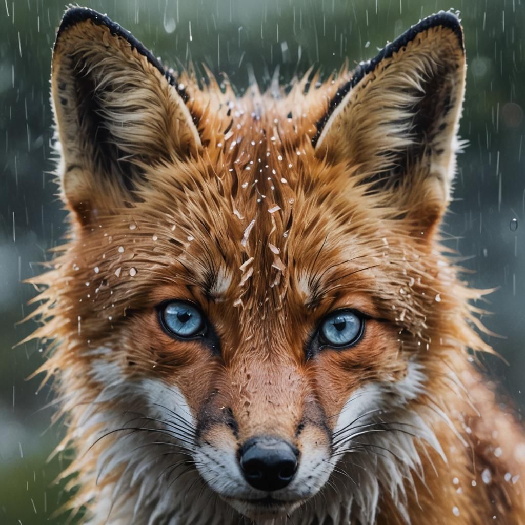 Fox in Rain: Photorealistic Macro Portrait