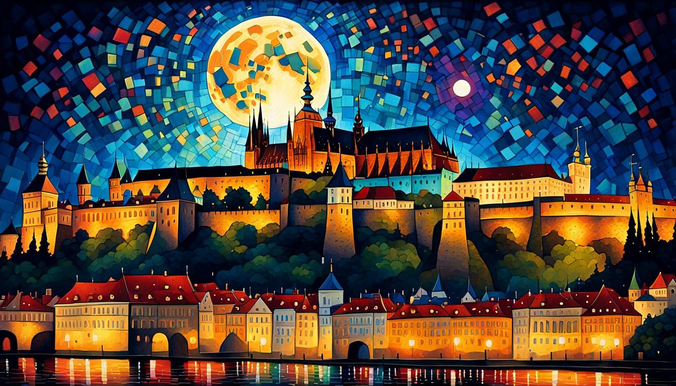 Prague Castle at Night in Pointillism Style