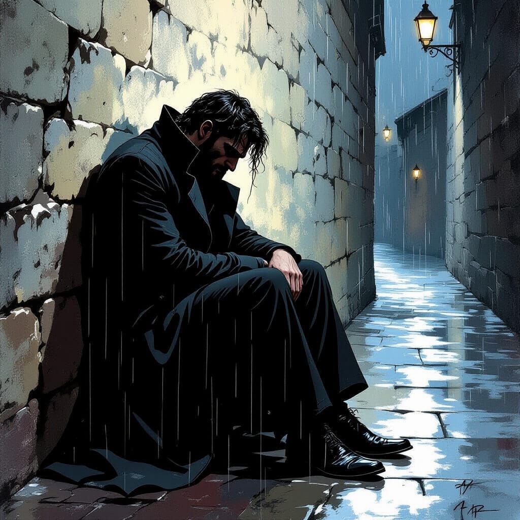 Sorrowful Man Sheltered by Shadow in Alleyway