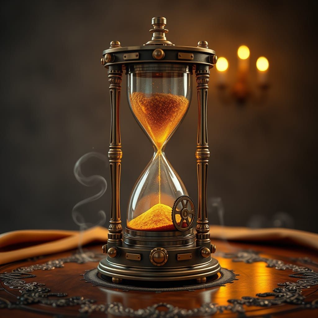 Steampunk Hourglass with Brass Gears and Glowing Sand