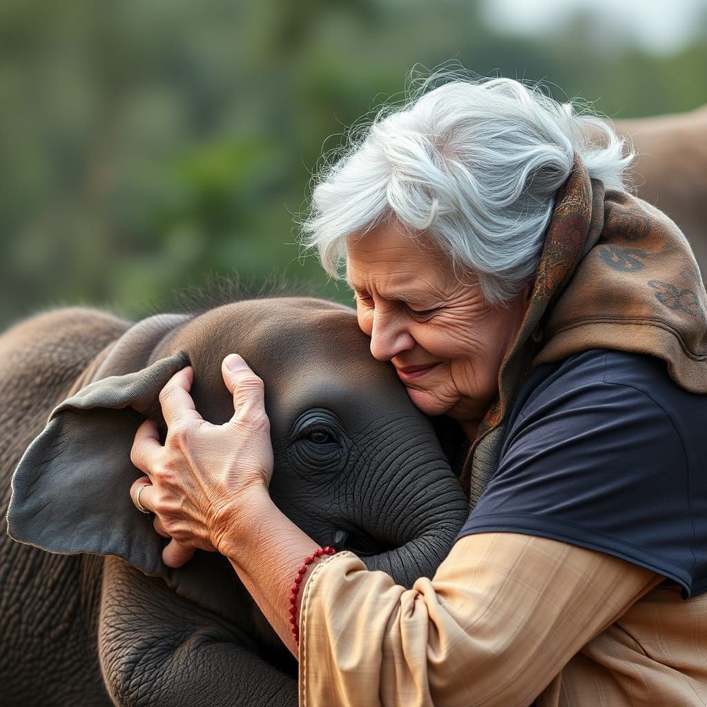 Intricate Image of Woman Cuddling Baby Elephant