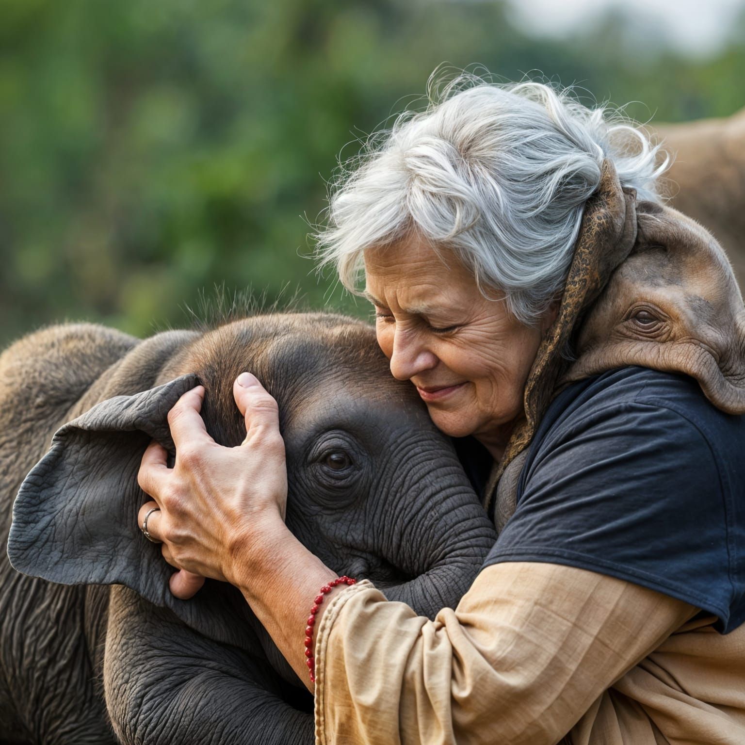 Woman Cuddling Baby Elephant: Intricate Detail