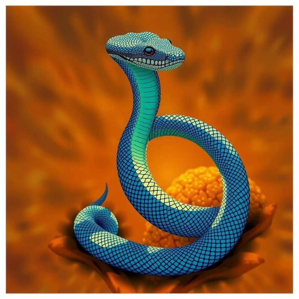 Pointillist Snake Coiled in Blue and Green