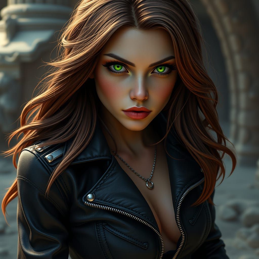 Woman in Black Leather Jacket with Vibrant Green Eyes