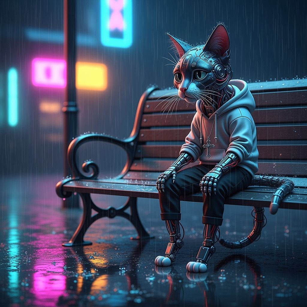 Rainy Day Cyborg Cat: Digital Art Concept