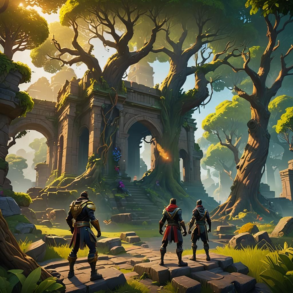 Epic Fortnite Battle in Lush Fantasy Landscape