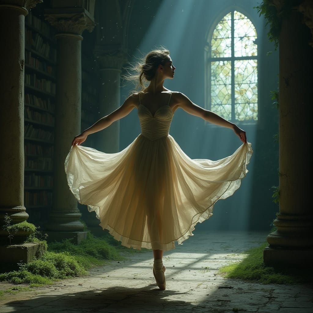 Ethereal Dancer in Ancient Library Ruins, Moonlight Glow