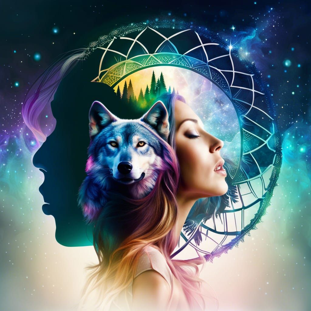 Dreamlike Fusion: Woman, Dreamcatcher, and Wolf
