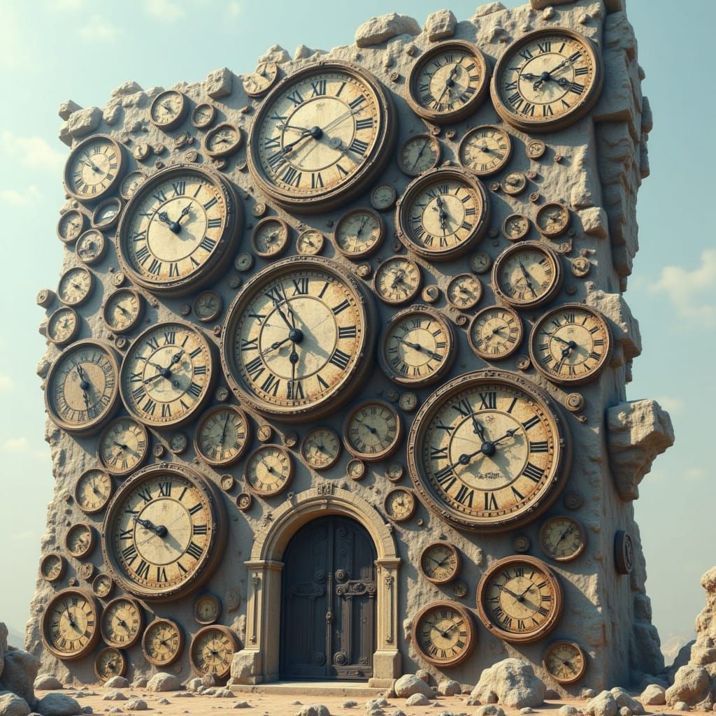 Weathered Rock Wall with Vintage Clocks and Distressed Post-...