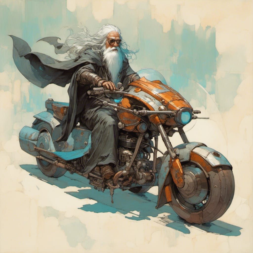 Wizard Rides a Futuristic Motorcycle