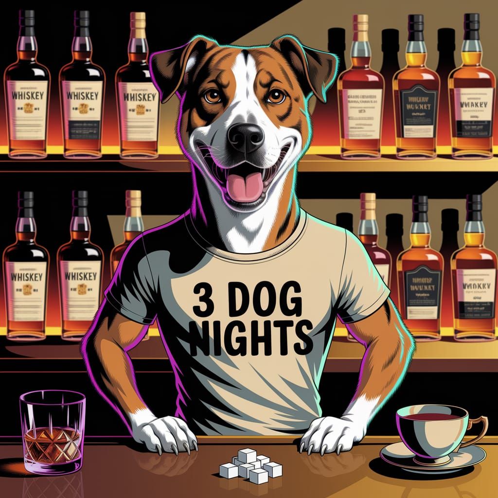 Dog Bartender at 1970s Bar in Caricature Style