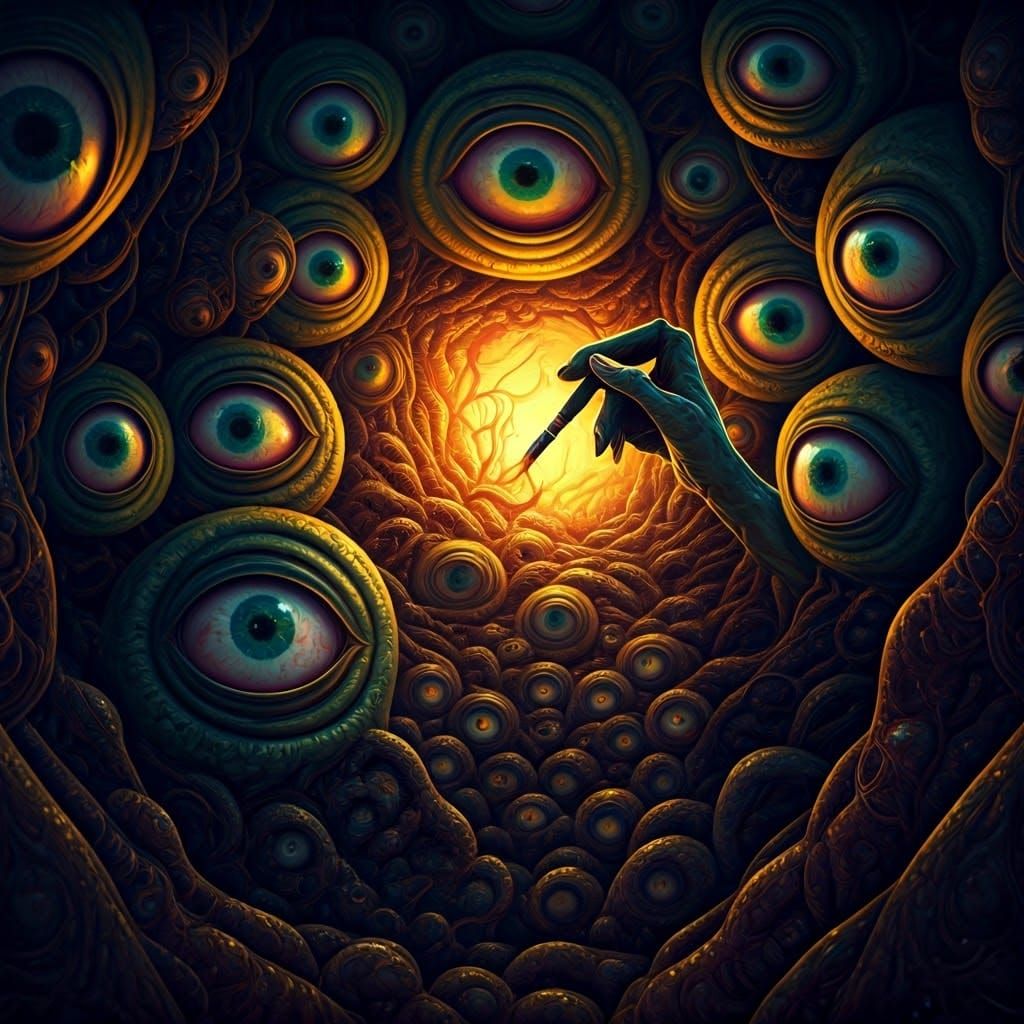 Grotesque Hand Monster Painting Eyeballs in Surreal Style