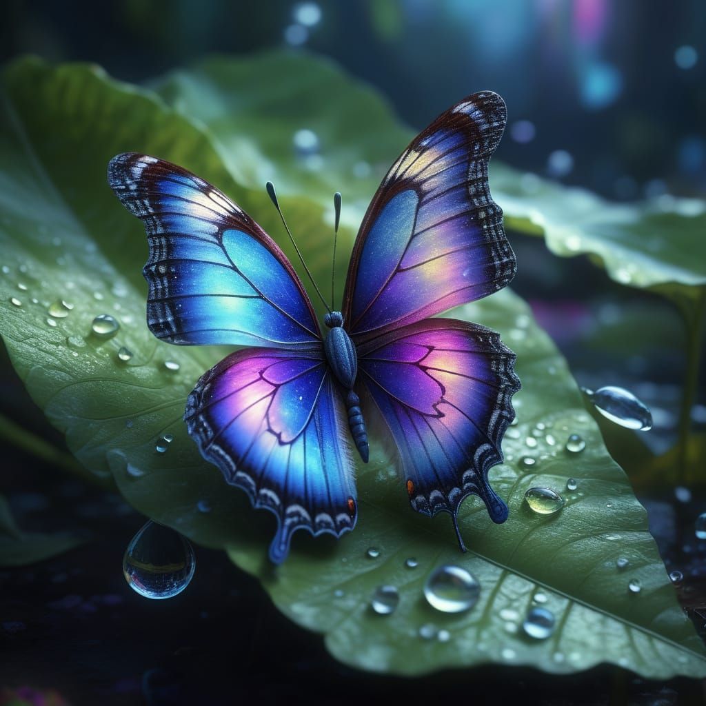 Sparkling Butterfly on Dewy Leaf in Vibrant Oil Painting