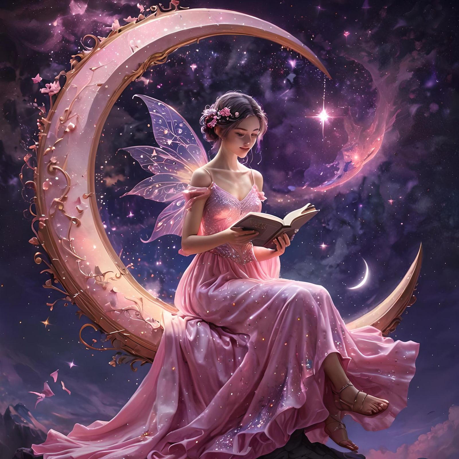 Fairy Reading on Moon in Sparkling Fantasy Art