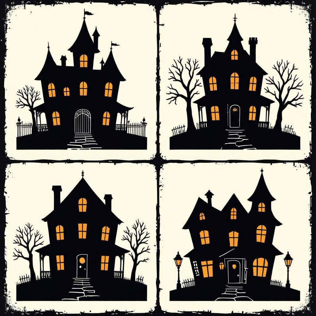 Haunted Houses Silhouettes in Eerie Gothic Style