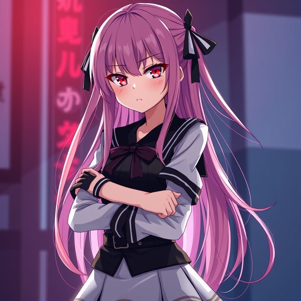 Grumpy Pink-Haired Woman in Cel-Shaded Anime Style