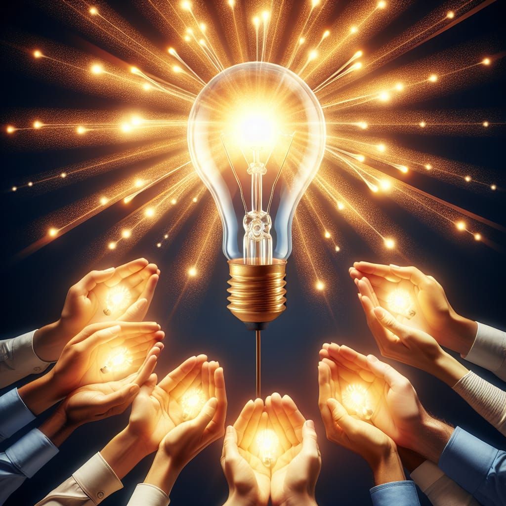 Radiant Light Bulb Supported by Diverse Hands
