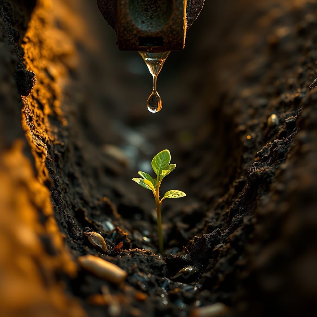 Hyperrealistic Sprout Emerges from Earthy Trench