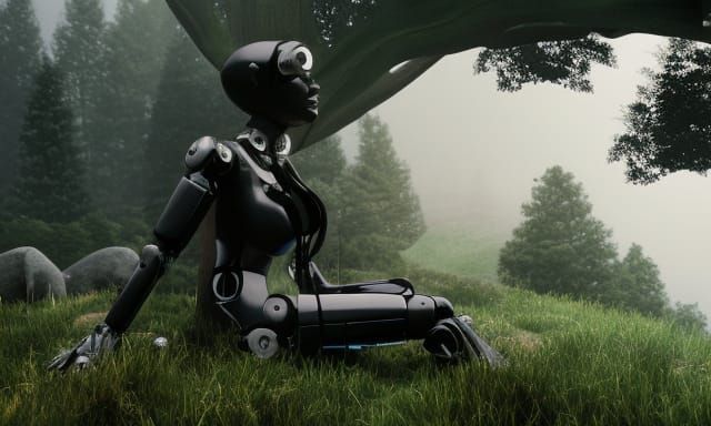 Humanoid Robot Girl in Gothic Mountain Landscape
