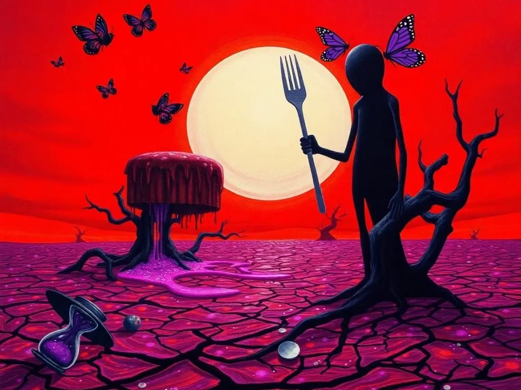 Surreal Desert with Melting Cake and Crimson Sky