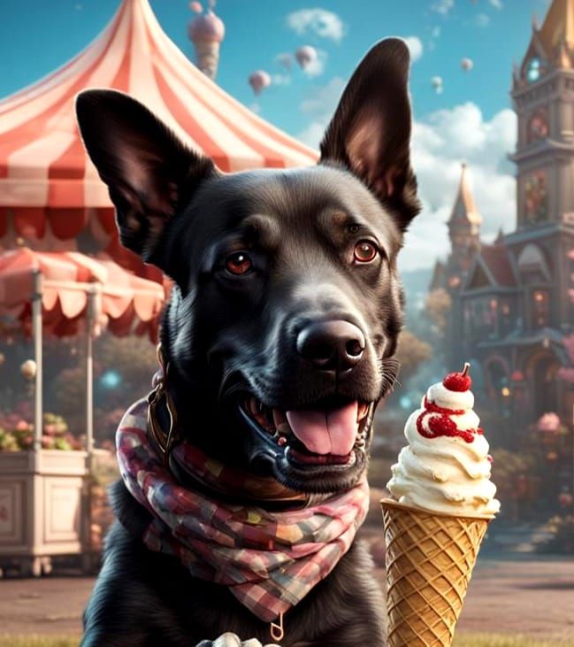 Dog Eating Ice Cream Cone, Detailed Matte Painting