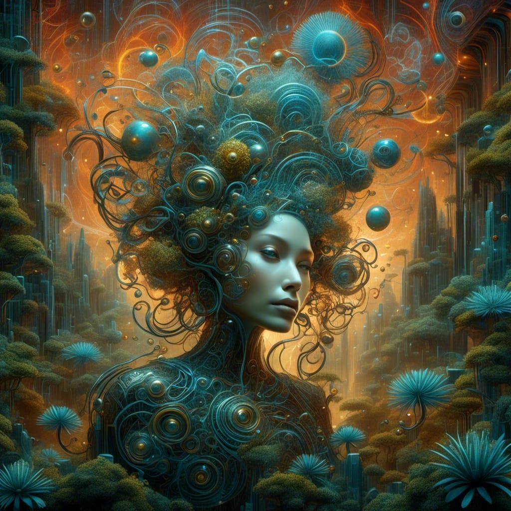 Cyberpunk Fire Dancer Merges with Biomechanical Fern