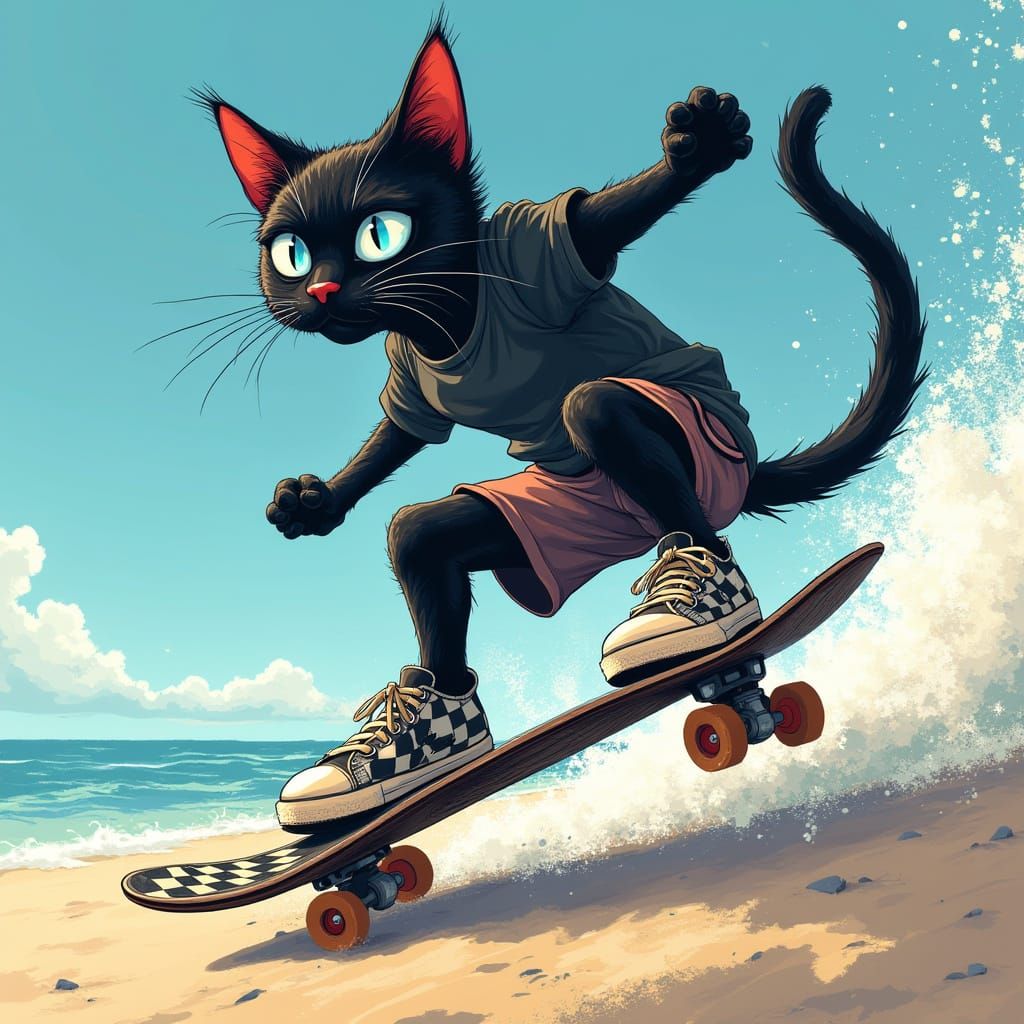Cat on Checkered Skateboard Rides Wave