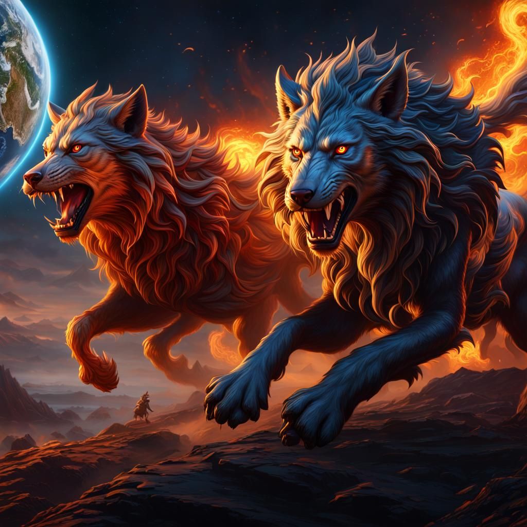 Skoll and Hati Chase Earth in Hyperrealistic Painting