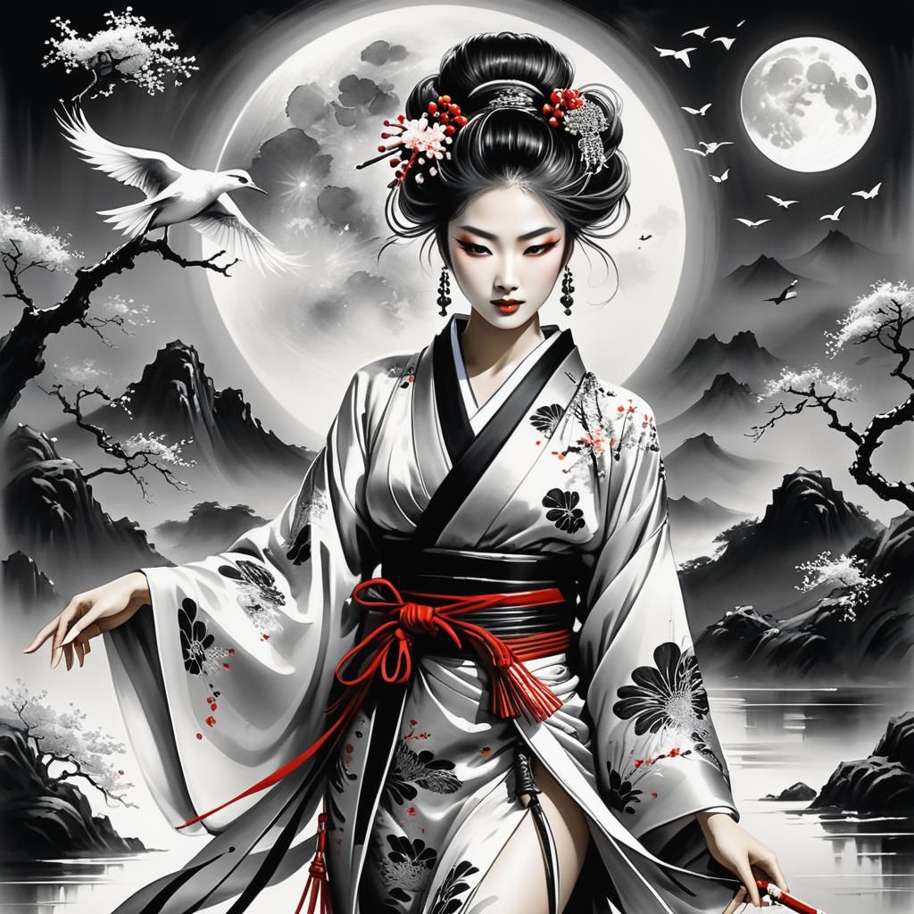 Elegant Japanese Girl Dancing in Sumi-e Ink Painting