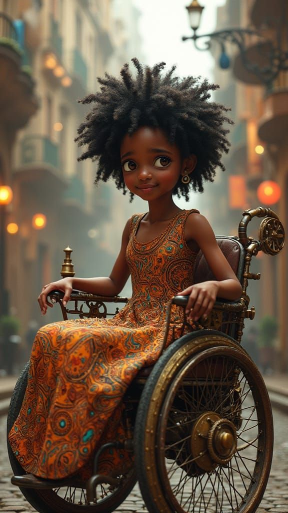 Surreal Afrofuturist Girl in Steampunk Wheelchair Amidst Vib...