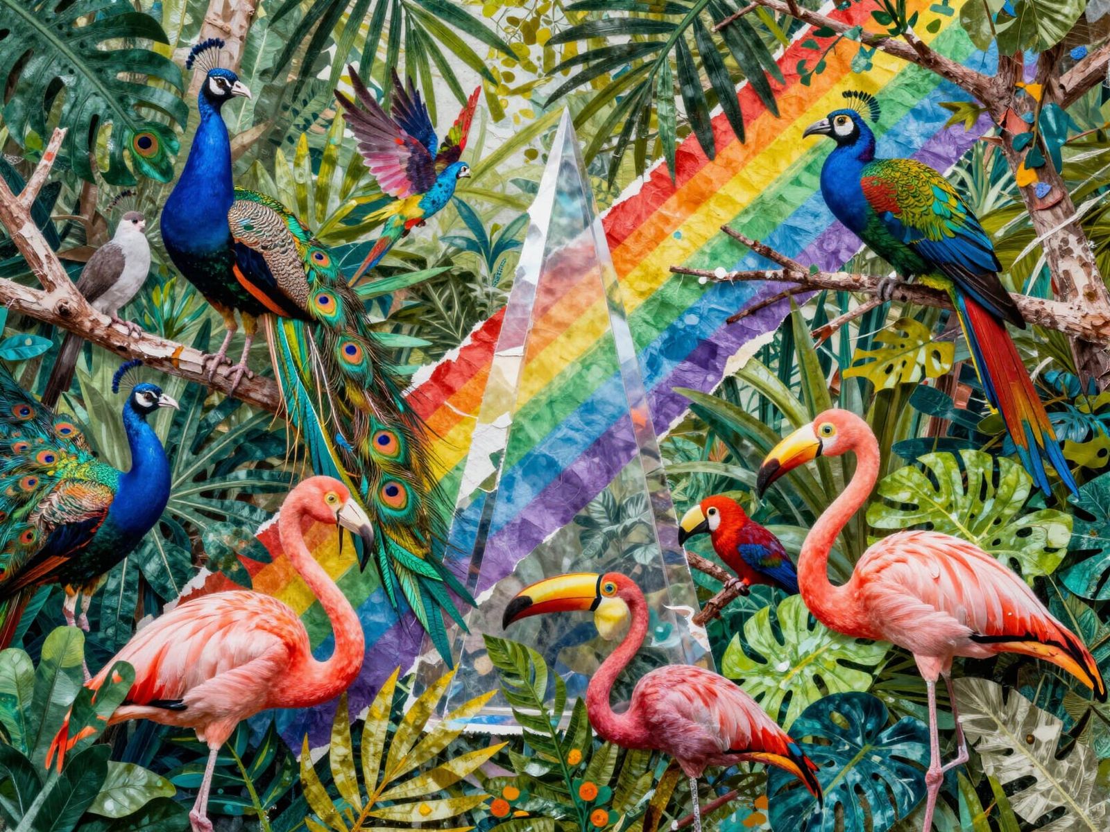 Vibrant Tropical Jungle Collage with Exotic Birds