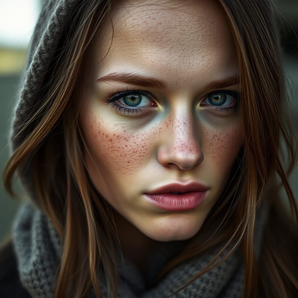 Stoic Beauty: A Freckled Woman's Portrait