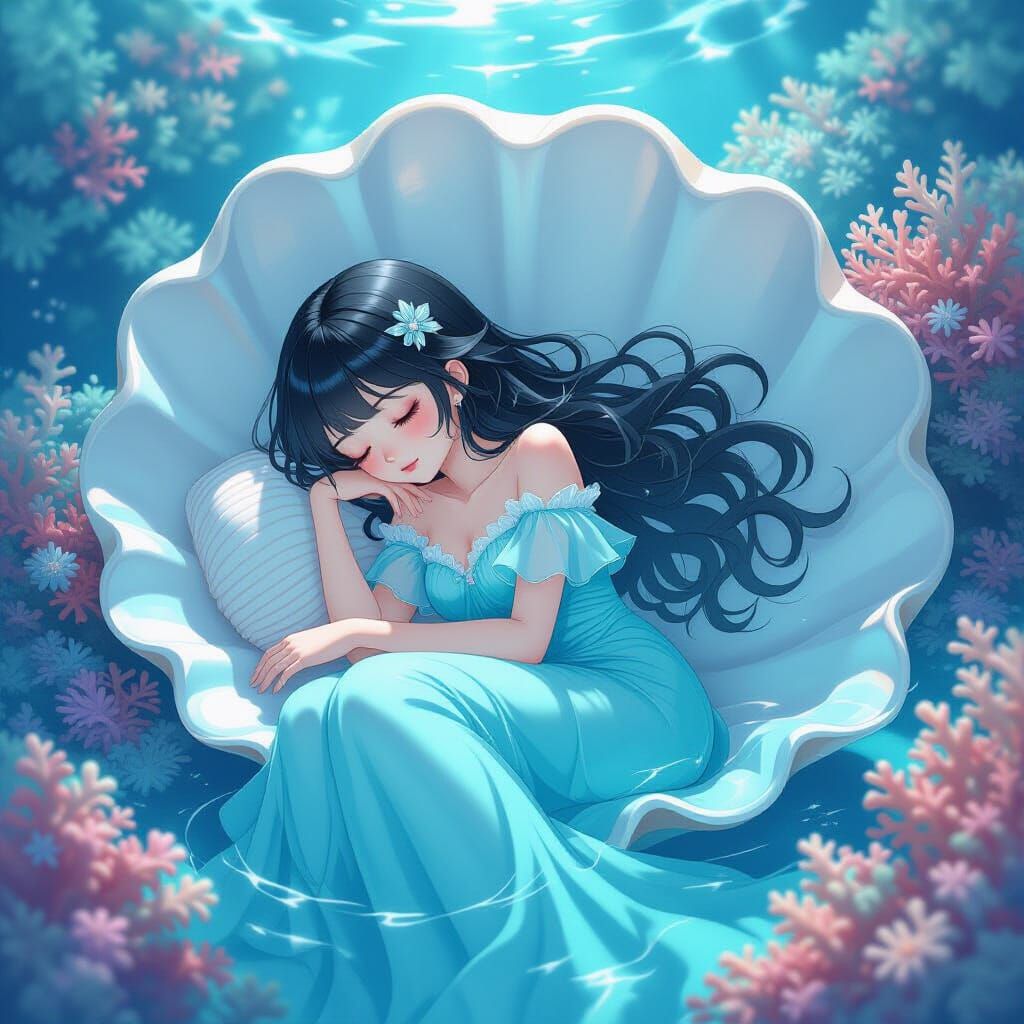 Anime Girl Sleeping in Shell with Flowing Aqua Dress