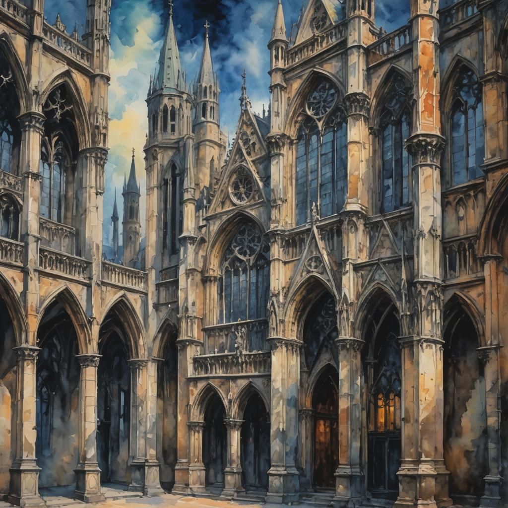 Gothic Architecture in Gouache Watercolor Style