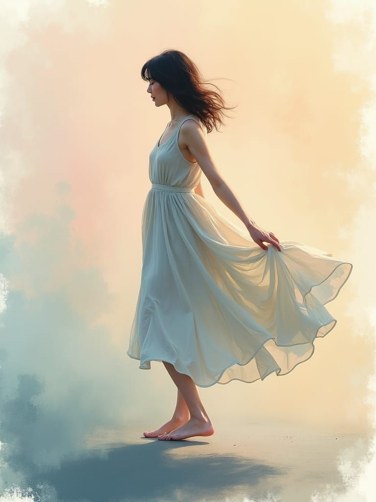 Woman Dancing in Dawn Light: Impressionist Watercolor