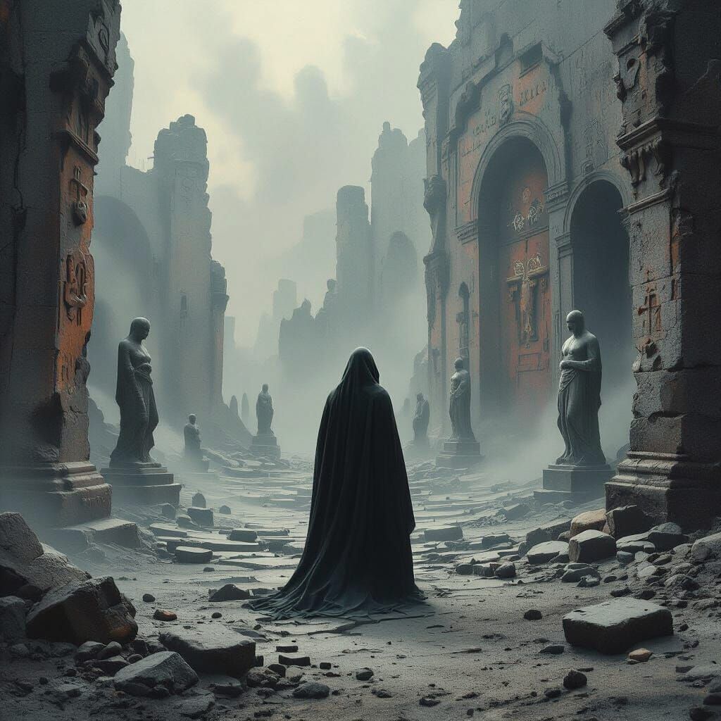 Melancholic Dreamscape with Cloaked Figure, Inspired by Beks...